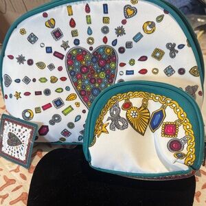 Brighton White Teal Jewel Heart Cosmetic Bag Set